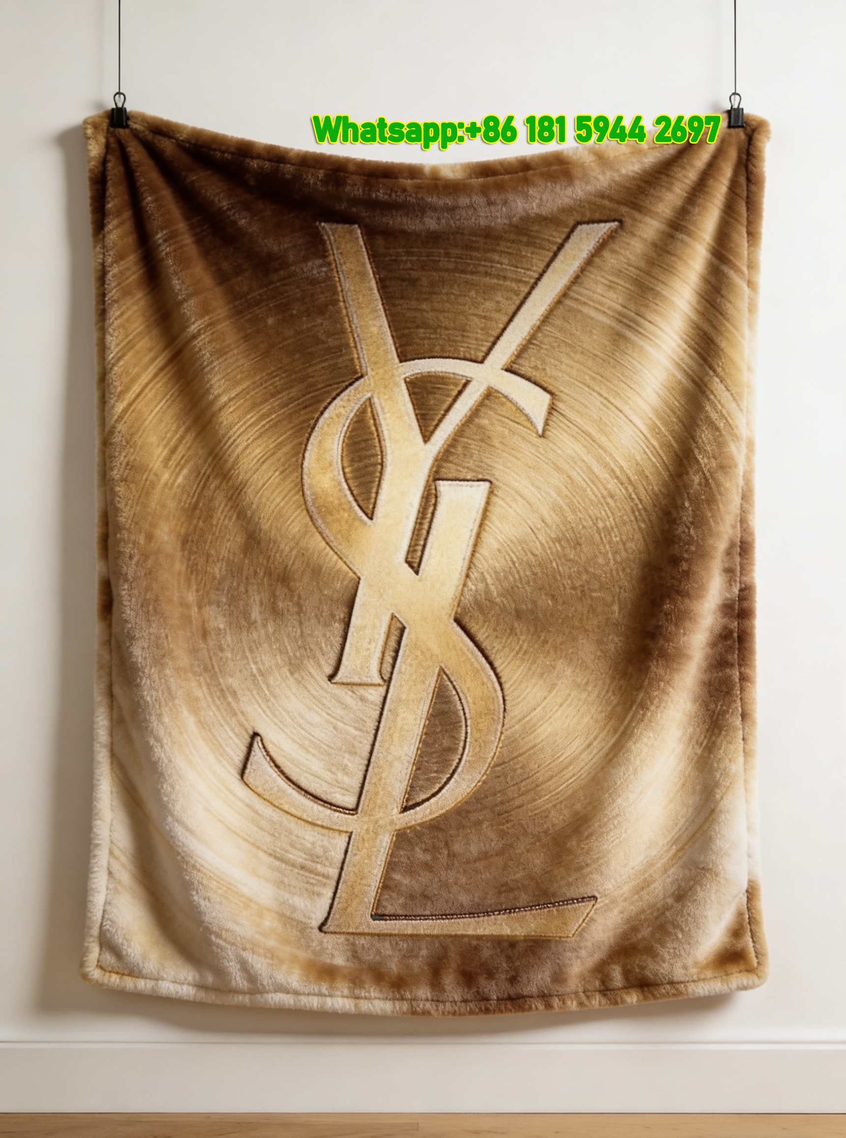 Yves Saint Laurent YSL Brushed Gold Metallic YSL Logo Print Flannel Throw Blanket IMG_3271
